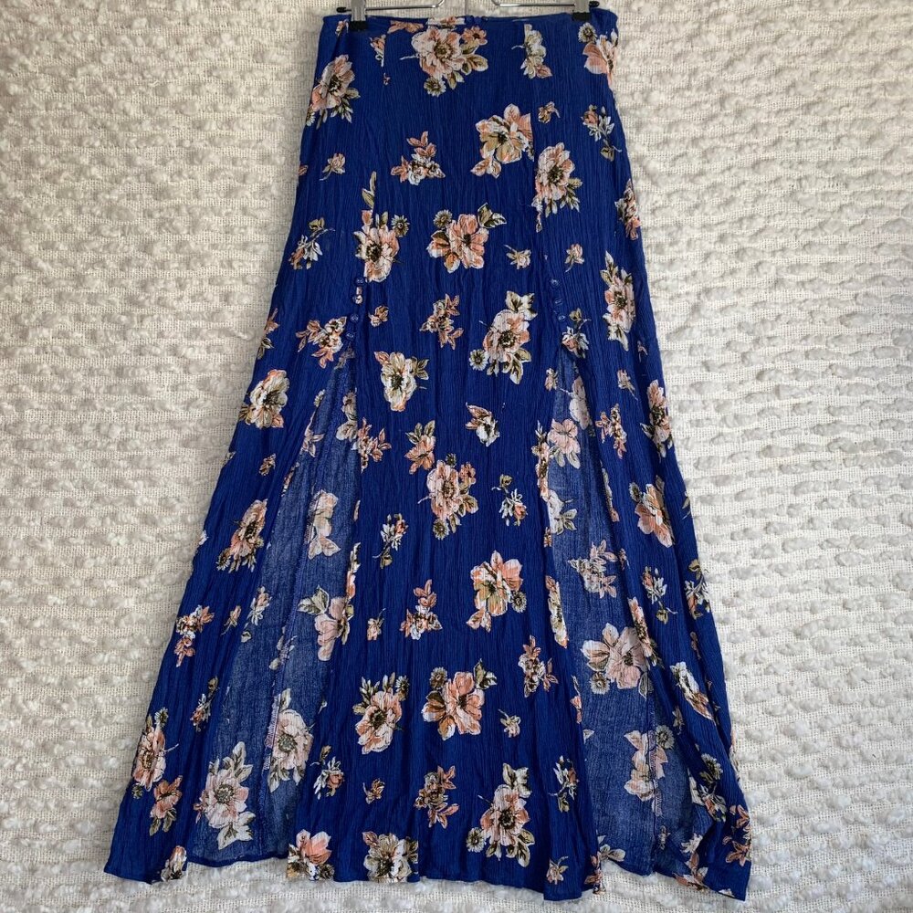 DANCE & MARVEL WOMENS MEDIUM MAXI SKIRT ROYAL BLUE FLORAL HIGH SLIT A LINE FLOWY